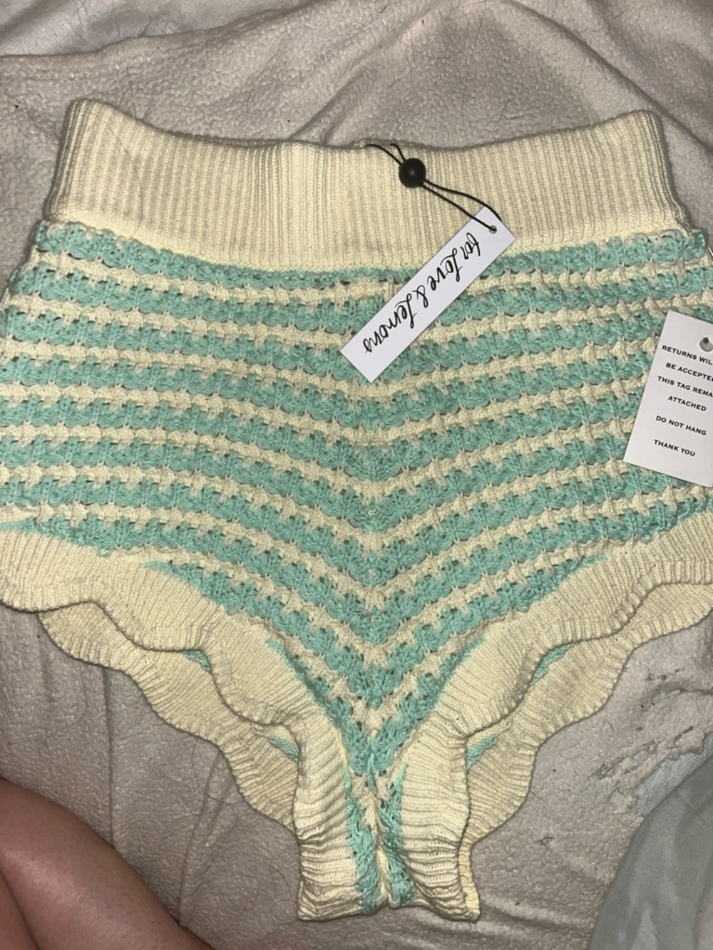 For Love And Lemons Cream & Mint Crochet High-Waist Knit Shorts